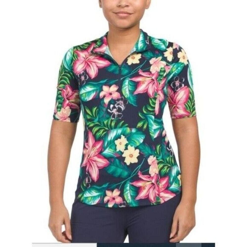 Tommy Bahama XS Womens Golf & Tennis Top Hawaiian Floral Print Navy Short Sleeve